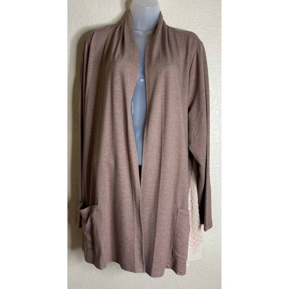 LOGO Lori Goldstein 2X Cardigan Brown Swiss Dot Mixed‎ Media Open Front Pockets